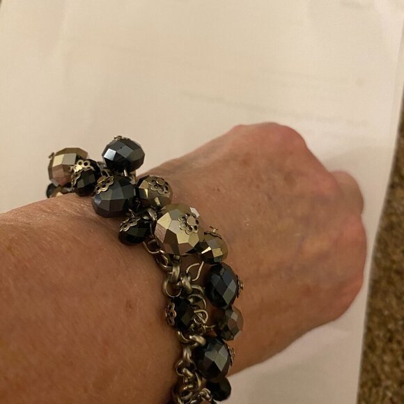 Vintage ALI KHAN New York Bracelet Cluster Black Clear Glass Beads Stretch - Picture 6 of 6